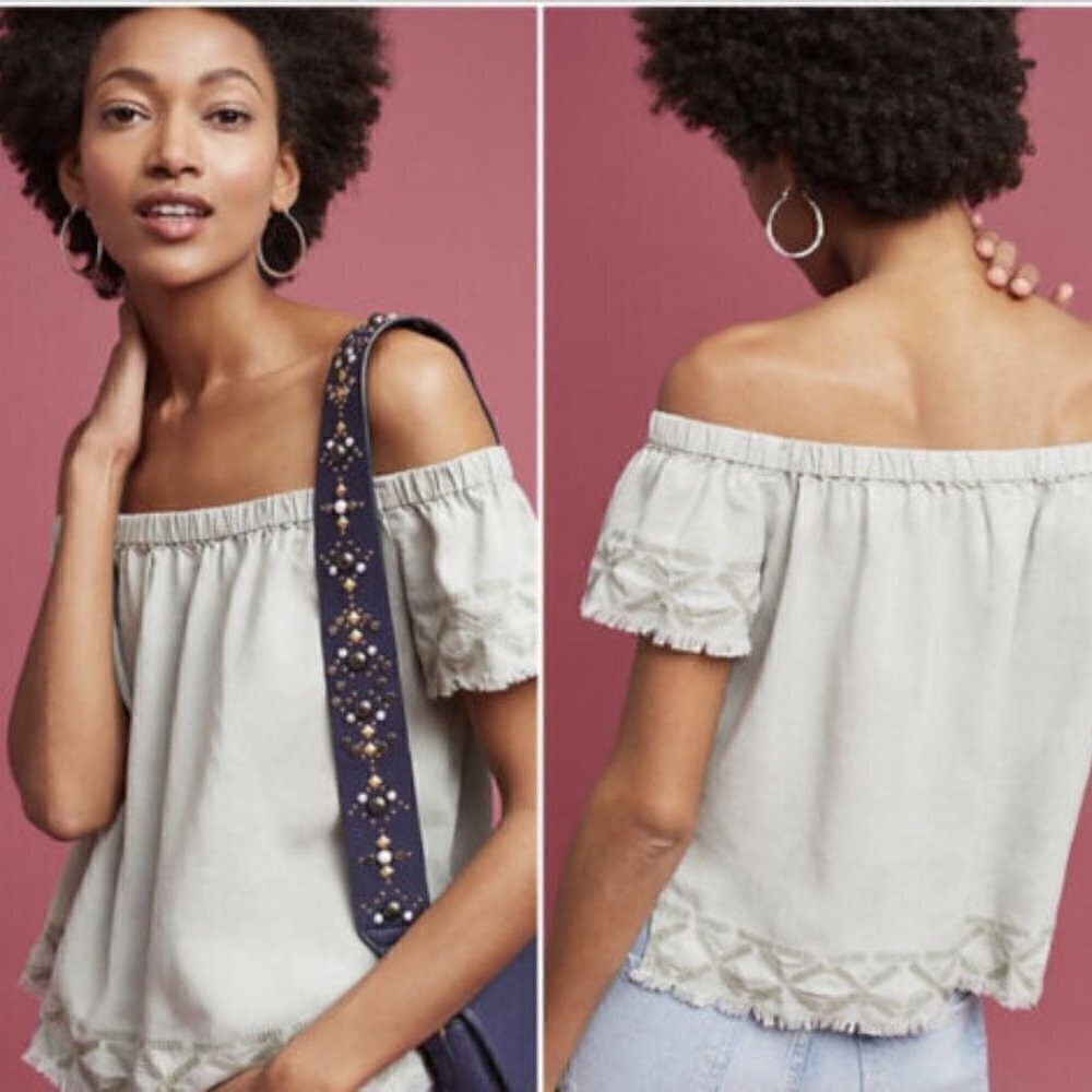 Cloth & Stone Green Embroidered Caprera Off-The Shoulder Top Size Small